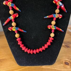 Bohemian red wood beads with 6 painted parrots 13 inches w/barrel clasp